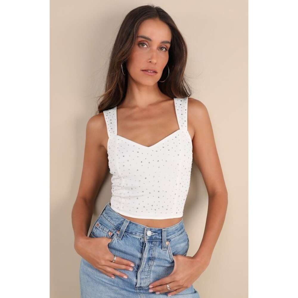 Lulus Lively Sparkle White Rhinestone Crop Tank Top - Size M